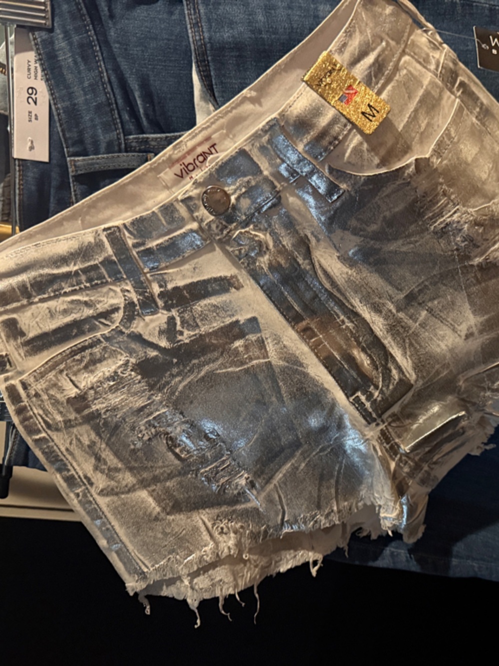 Vigoss Metallic Silver Distressed Denim Shorts